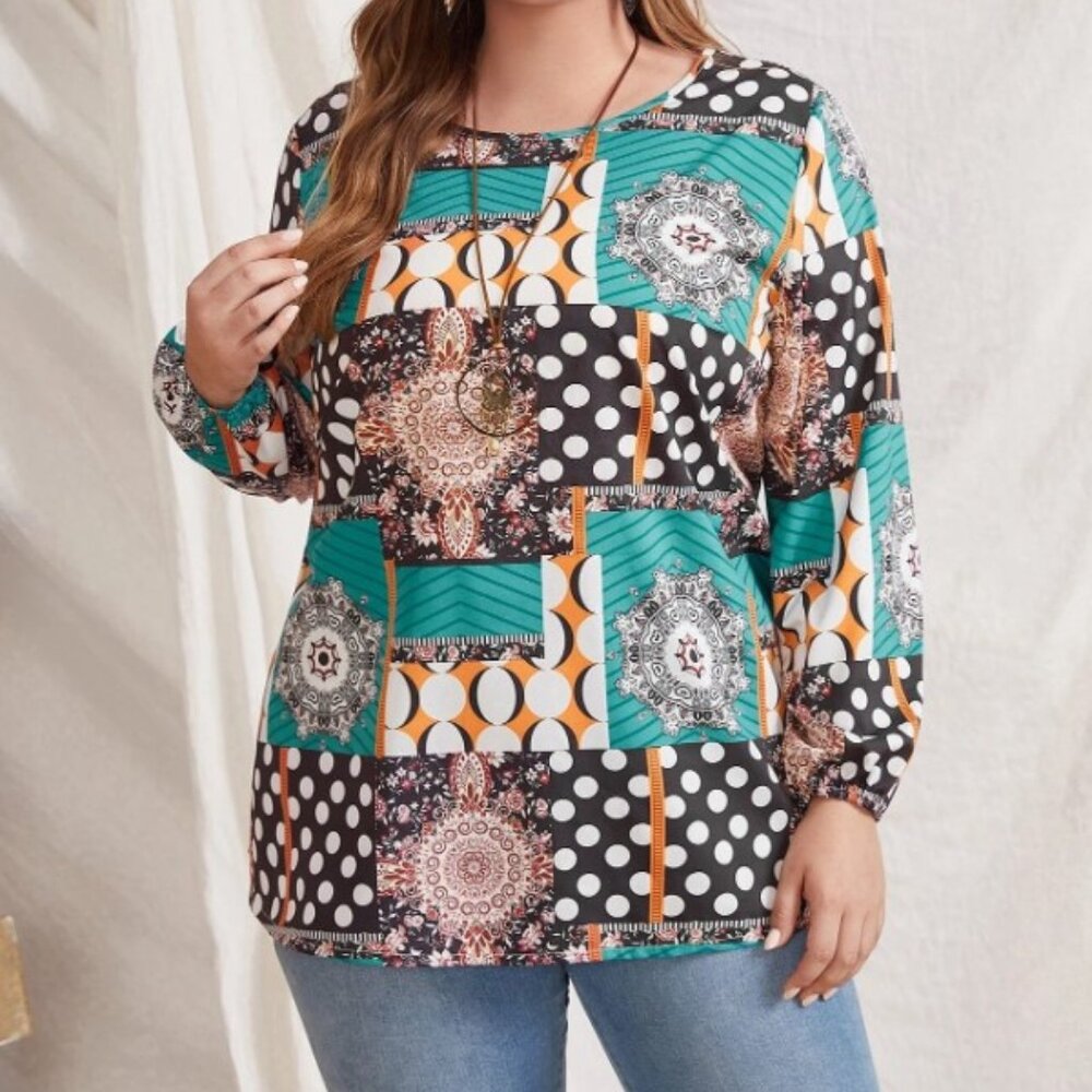 SHEIN Plus Polka Dot And Chevron Print Blouse